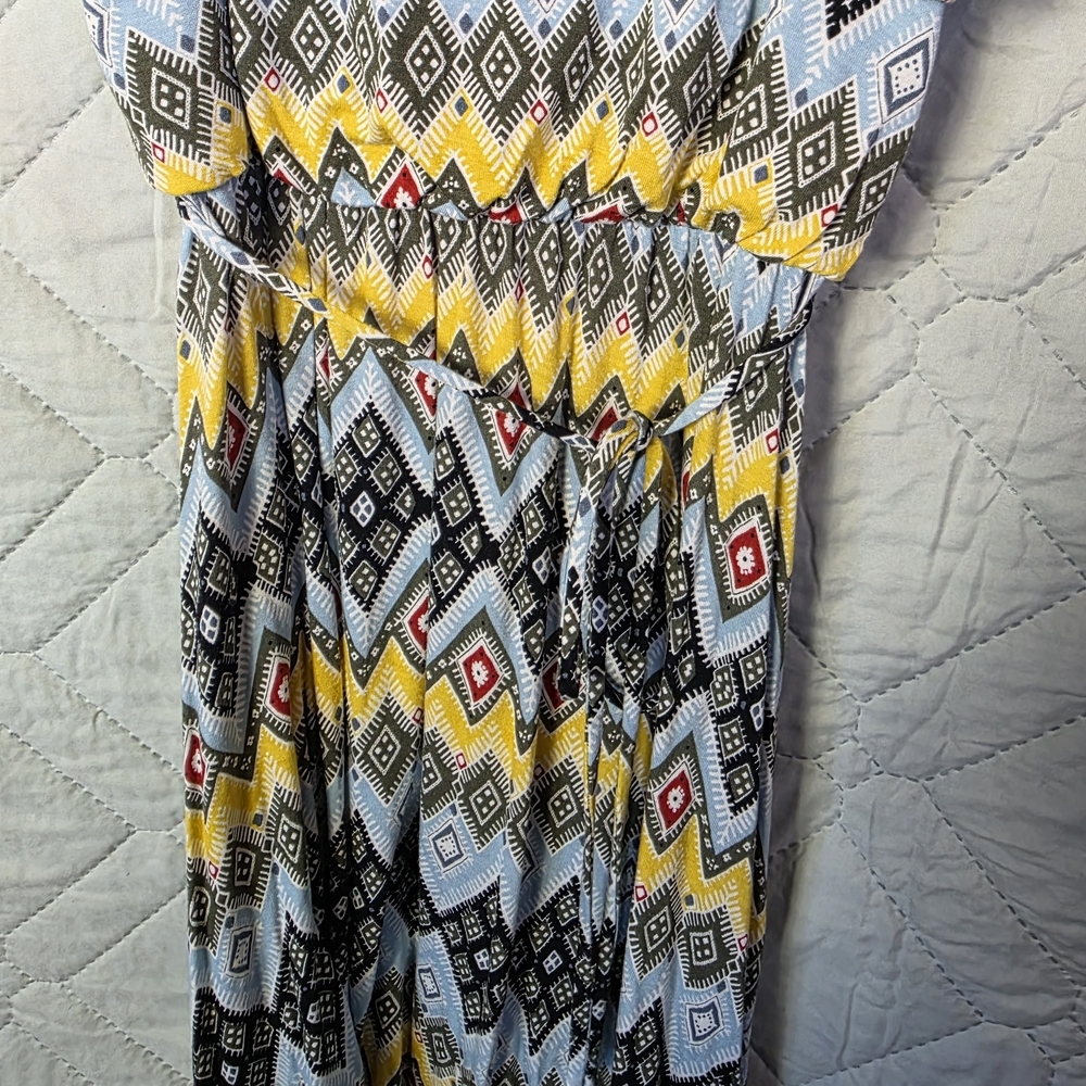 Ann Taylor Loft Multi Color Geometric Cold Shoulder Dress Sz XS Boho Blue Yellow - Picture 4 of 9